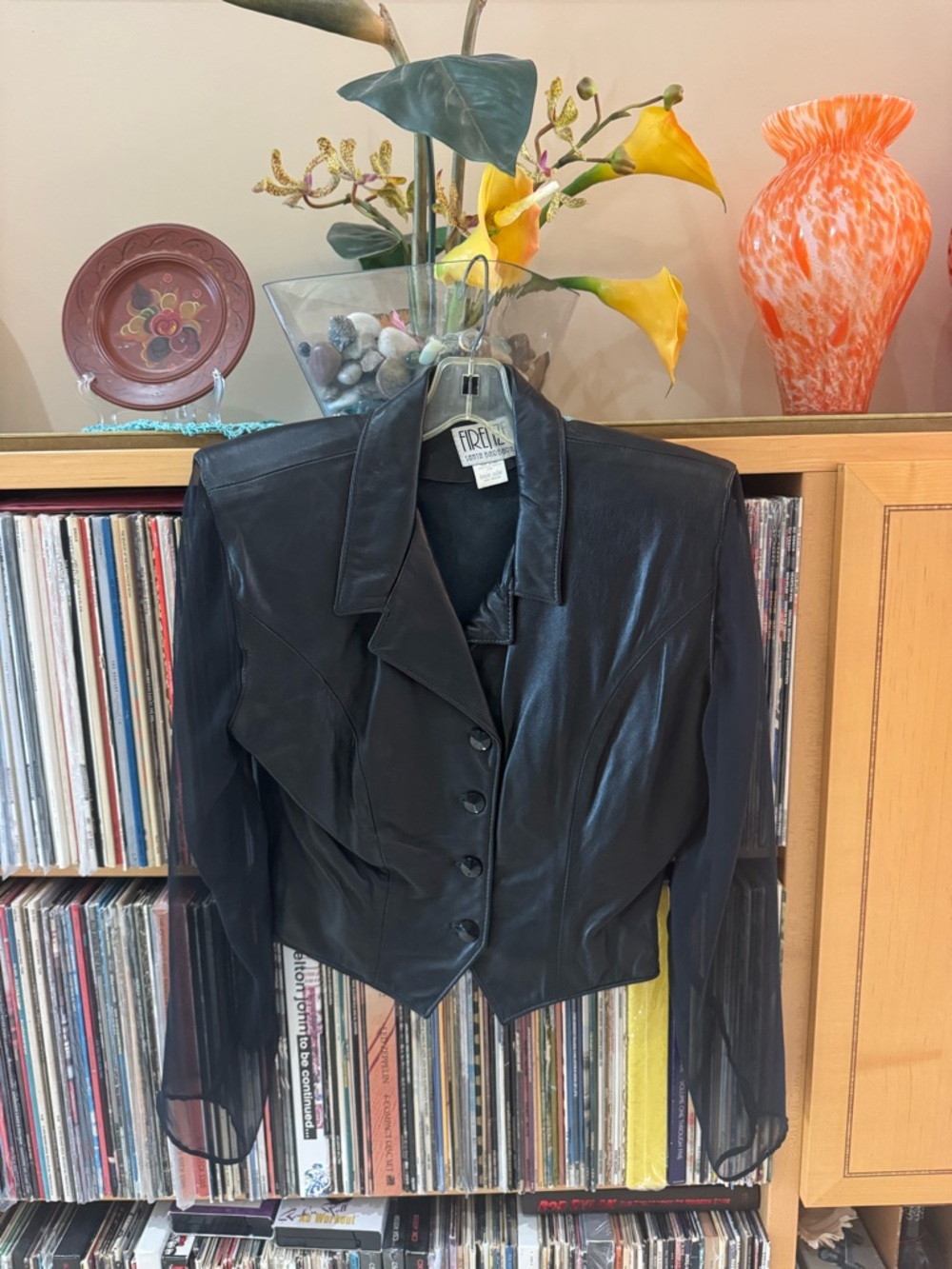 VTG, NW/OT, LAMBSKIN LEATHER Button-front JKT/SHIRT,S,Sheer Sleeves,MADE in USA